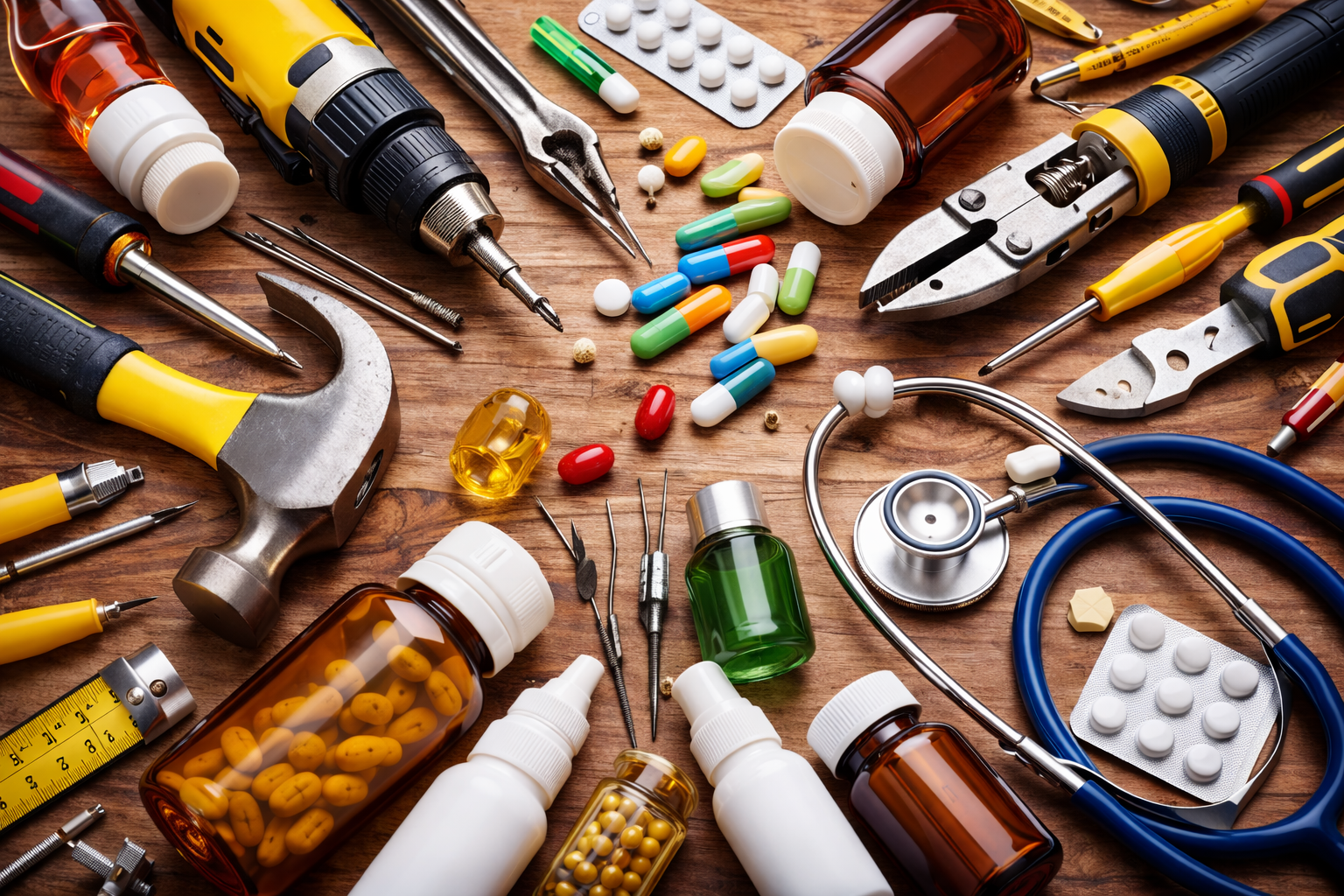 A collage of tools and health items